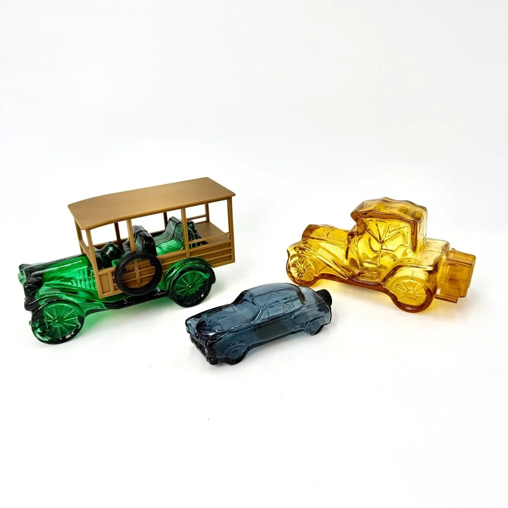 Avon Vintage Glass Car After Shave Bottles Set of 3 Green Amber Blue MCM Decor